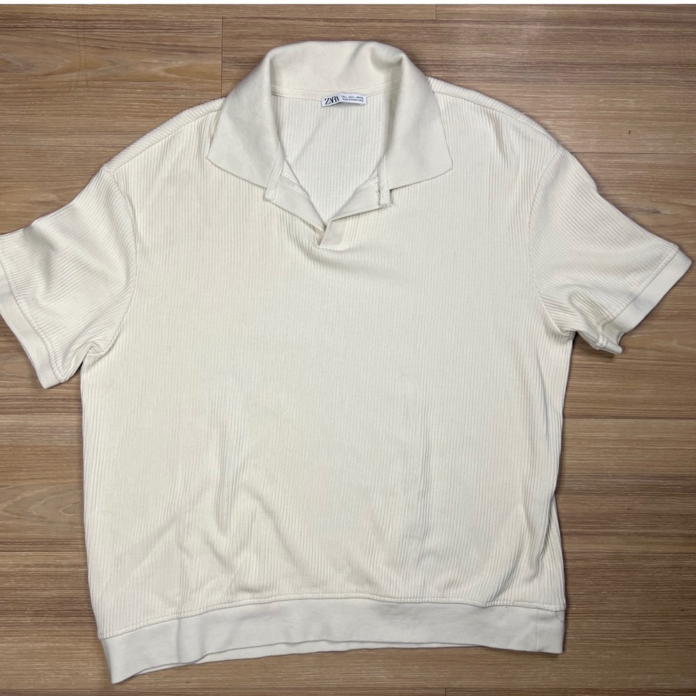 Zara Mens Polo Shirt Ribbed Knit Short Sleeve Cream Large